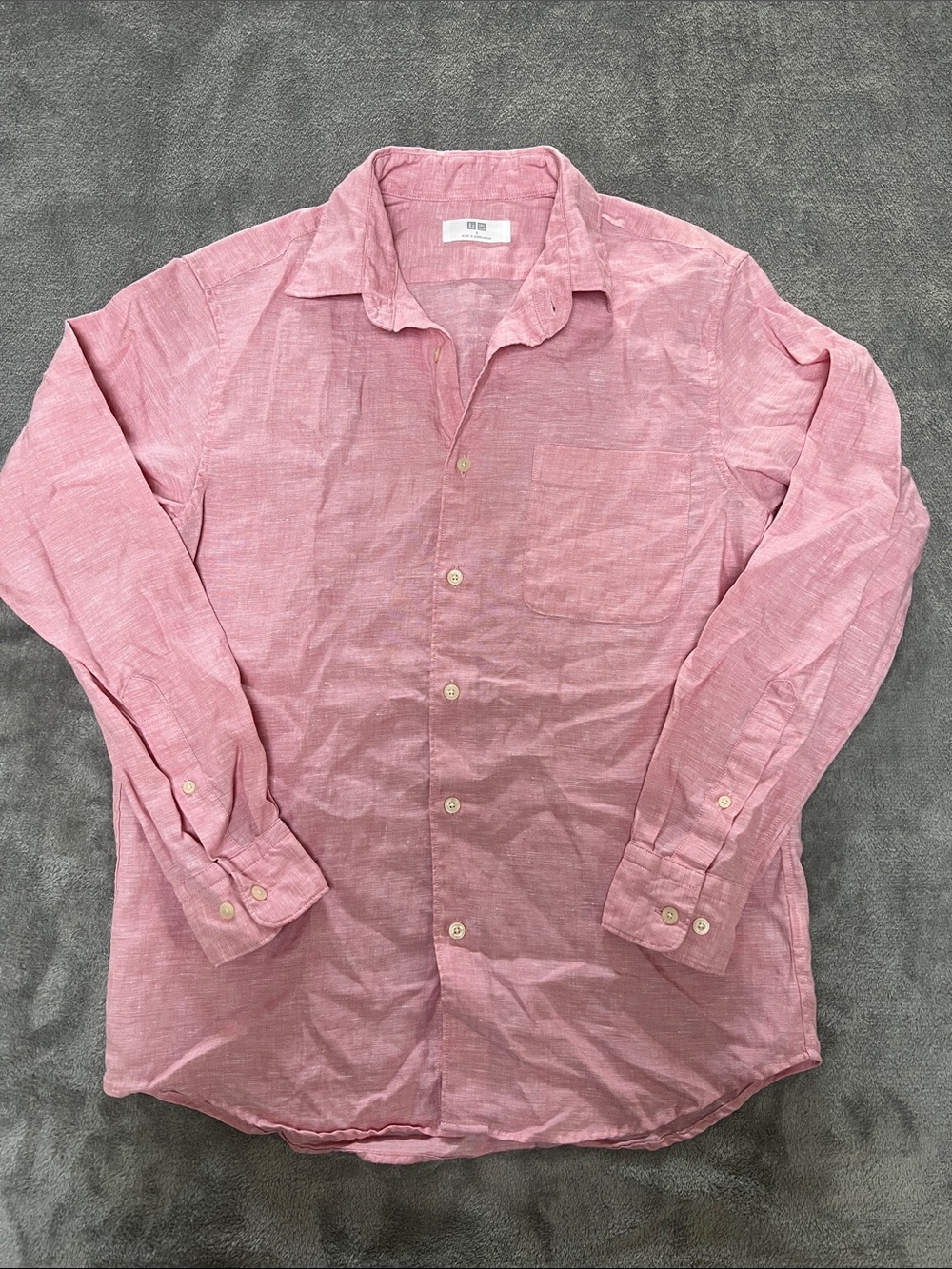 Uniqlo Men's Pink Long-Sleeve Linen Button-Up Shirt
